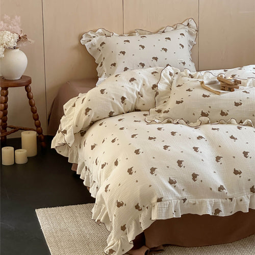 Bear Print Cotton Muslin Bedding Set – Ruffled Edges