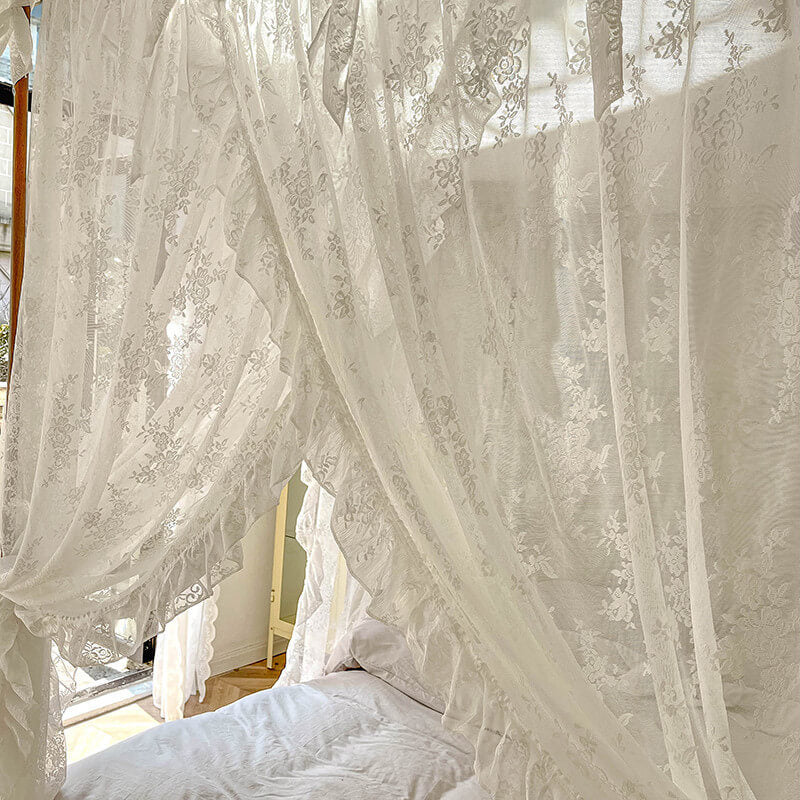 4 Poster Bed Canopy Curtains – Floral Lace with Ruffle Trim