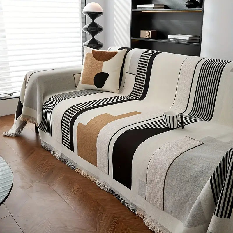 Kid & Pet Friendly Couch Cover - Abstract Design Beige Geometric