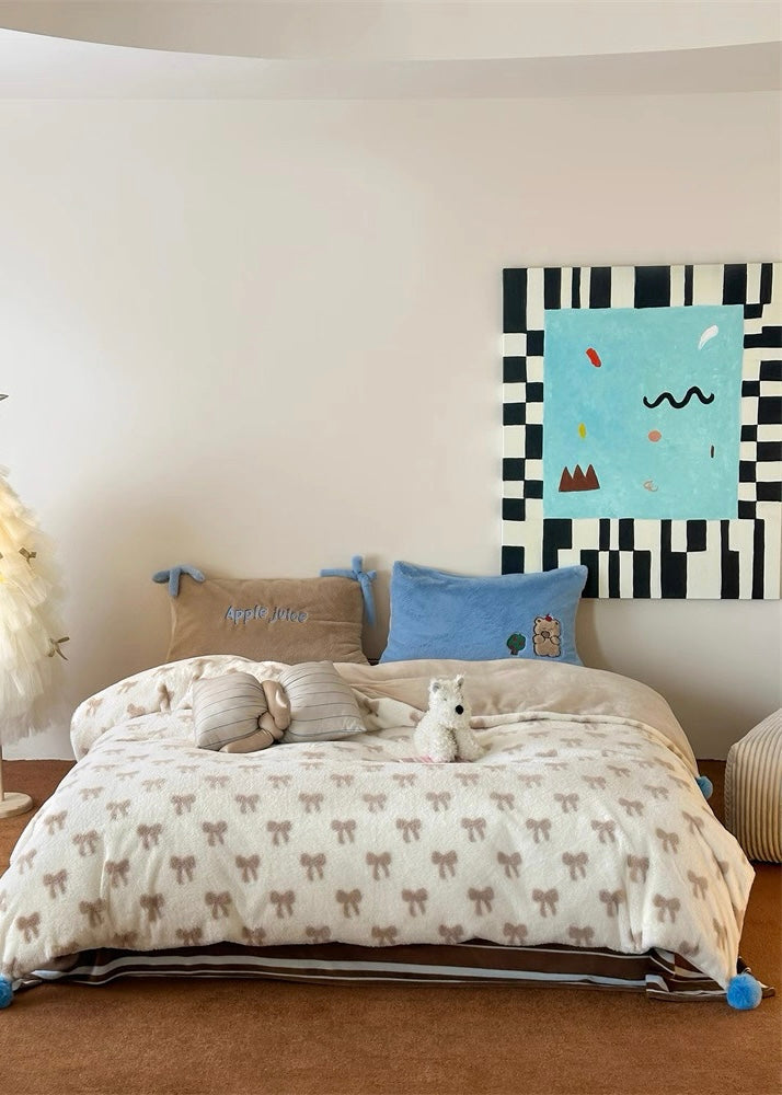 Beige Bow Velvet Bedding Set