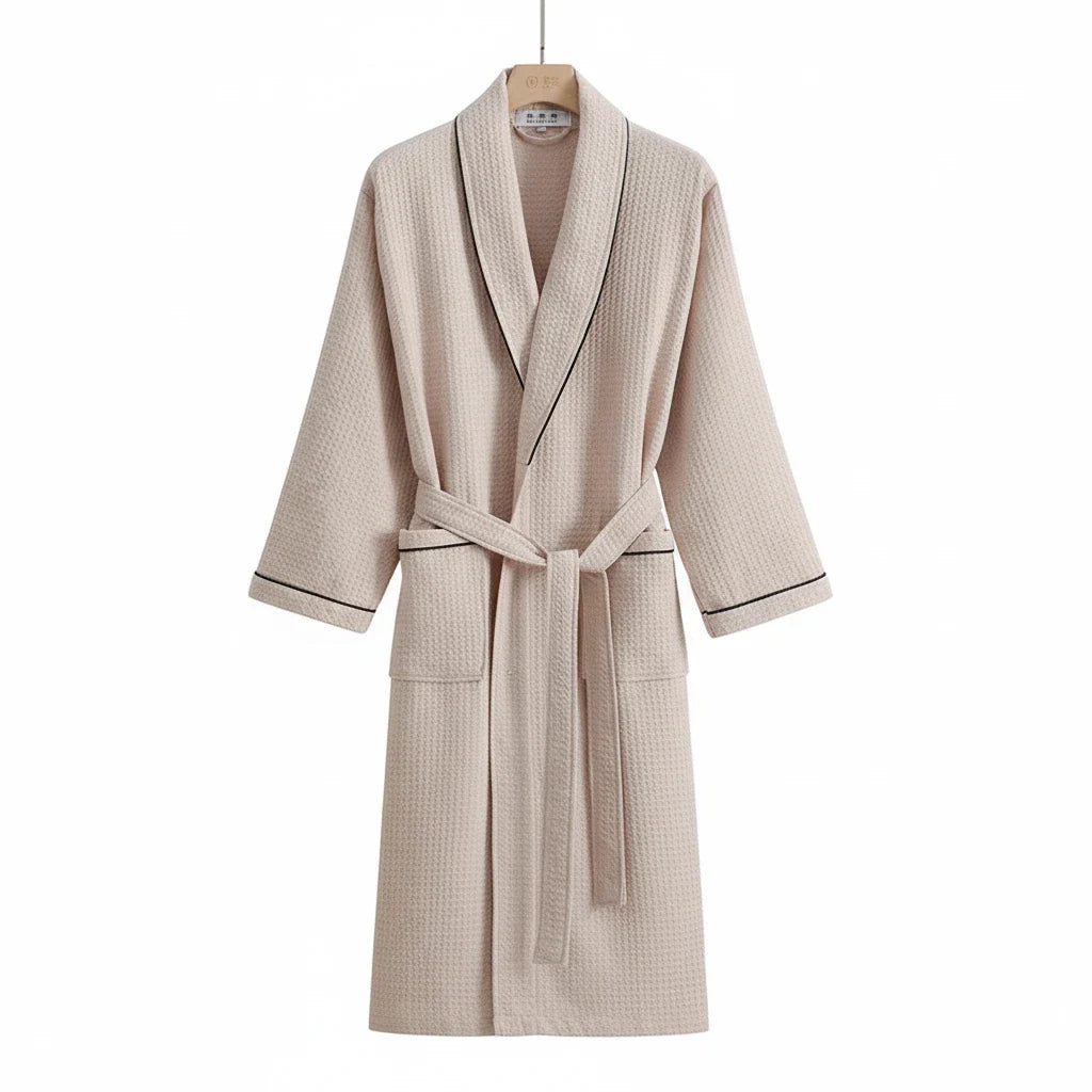 Long Sleeve Waffle Cotton Bathrobe Beige