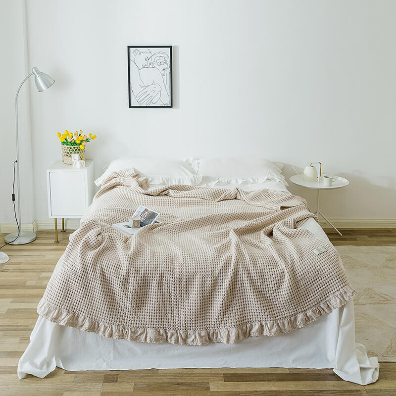 Cotton Waffle Blanket with Ruffle Edge – Soft & Breathable Throw Beige