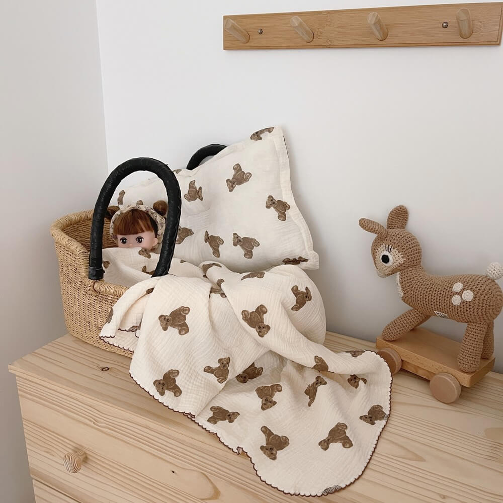 Teddy Bear Muslin Baby Blanket & Pillow Set – 47″×51″