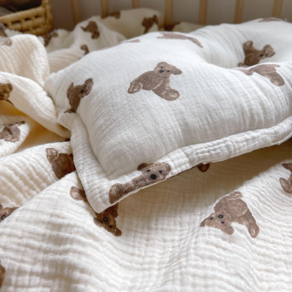 Teddy Bear Muslin Baby Blanket & Pillow Set – 47″×51″