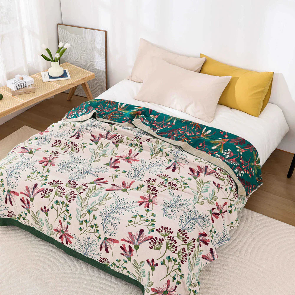 Cotton Gauze Throw Blanket - Reversible Floral Blanket
