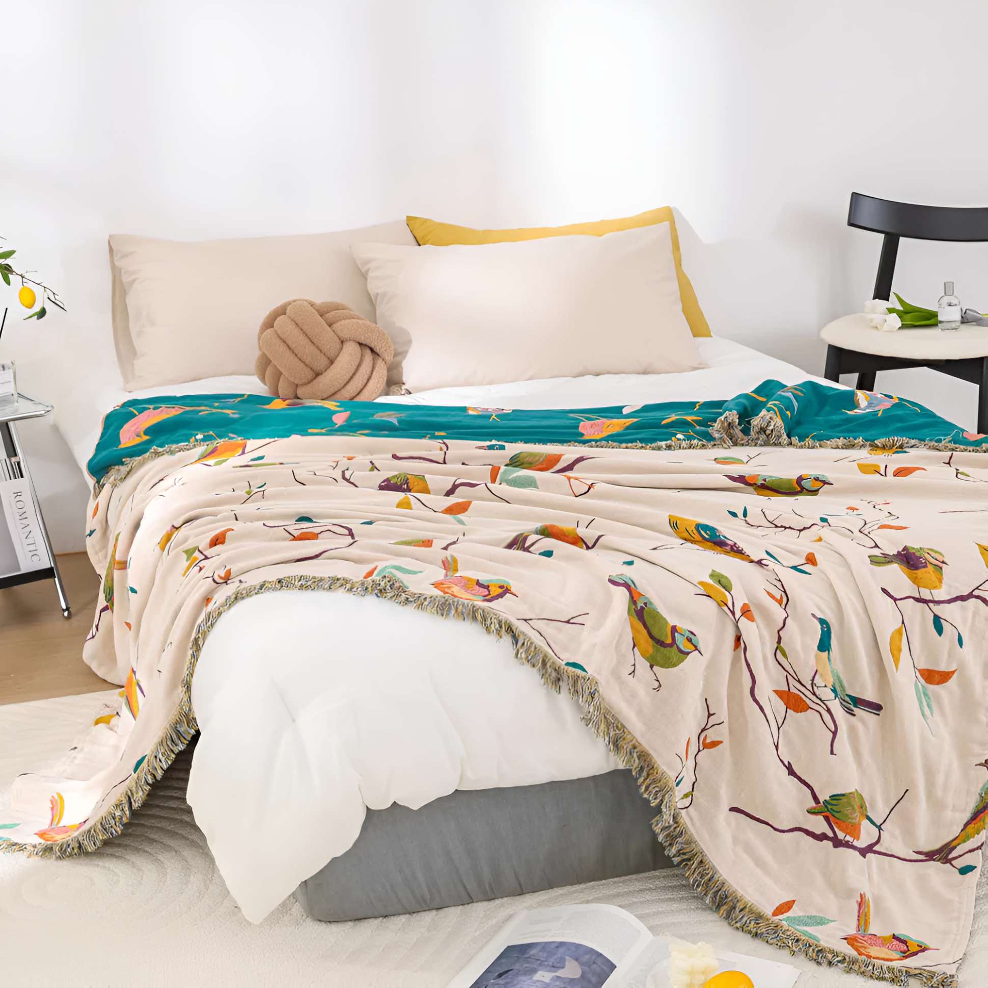 Bird Tassel Reversible Cotton Throw Blanket