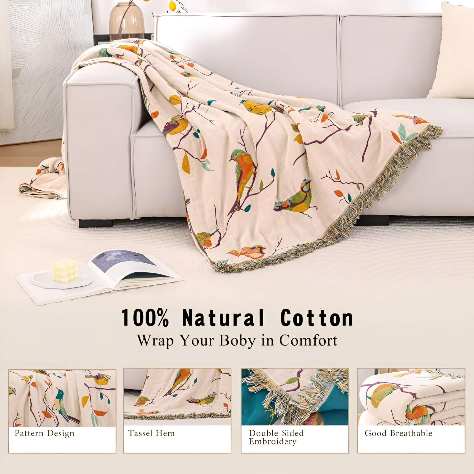 Bird Tassel Reversible Cotton Throw Blanket