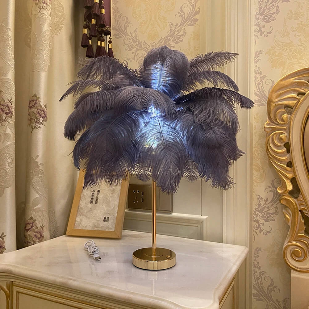 Luxury Ostrich Feather Table Lamp Gray
