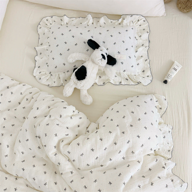 Cotton Gauze Duvet Cover Set – Black Bow with Soft Ruffles