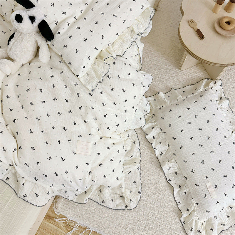Cotton Gauze Duvet Cover Set – Black Bow with Soft Ruffles