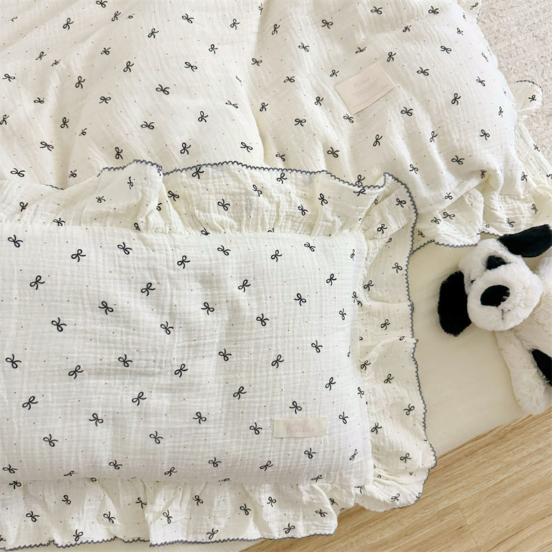 Cotton Gauze Duvet Cover Set – Black Bow with Soft Ruffles