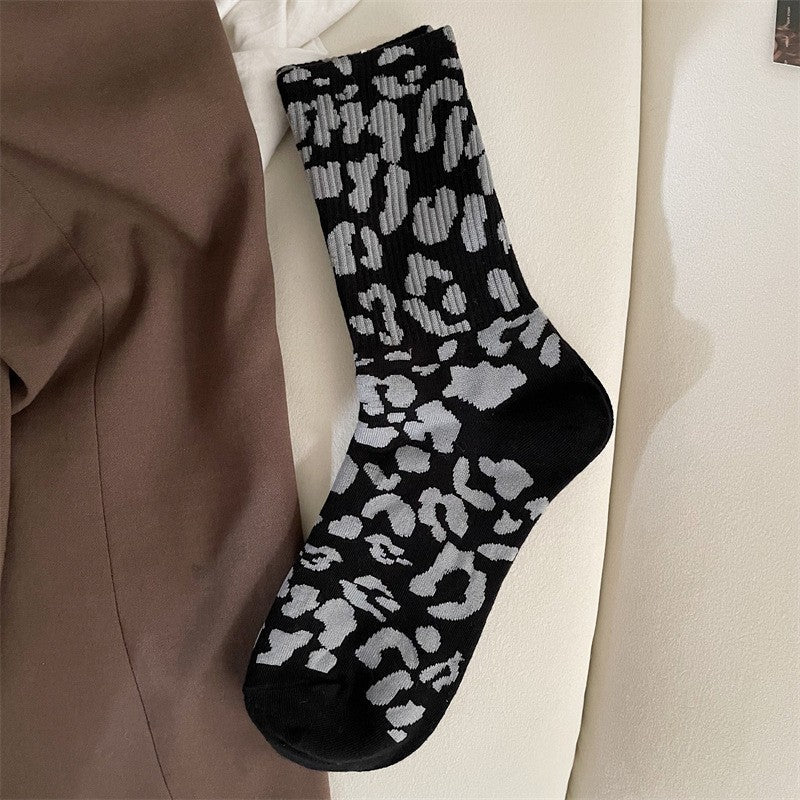 Women's Leopard Print Crew Socks Black White One Size (Women)
