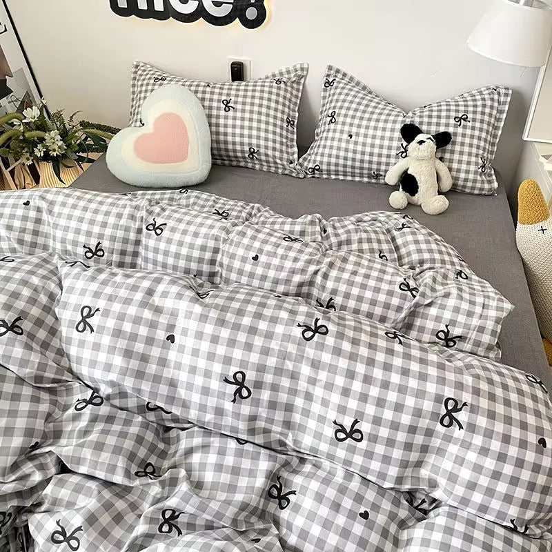 Pink Plaid Bowknot Bedding Set Black