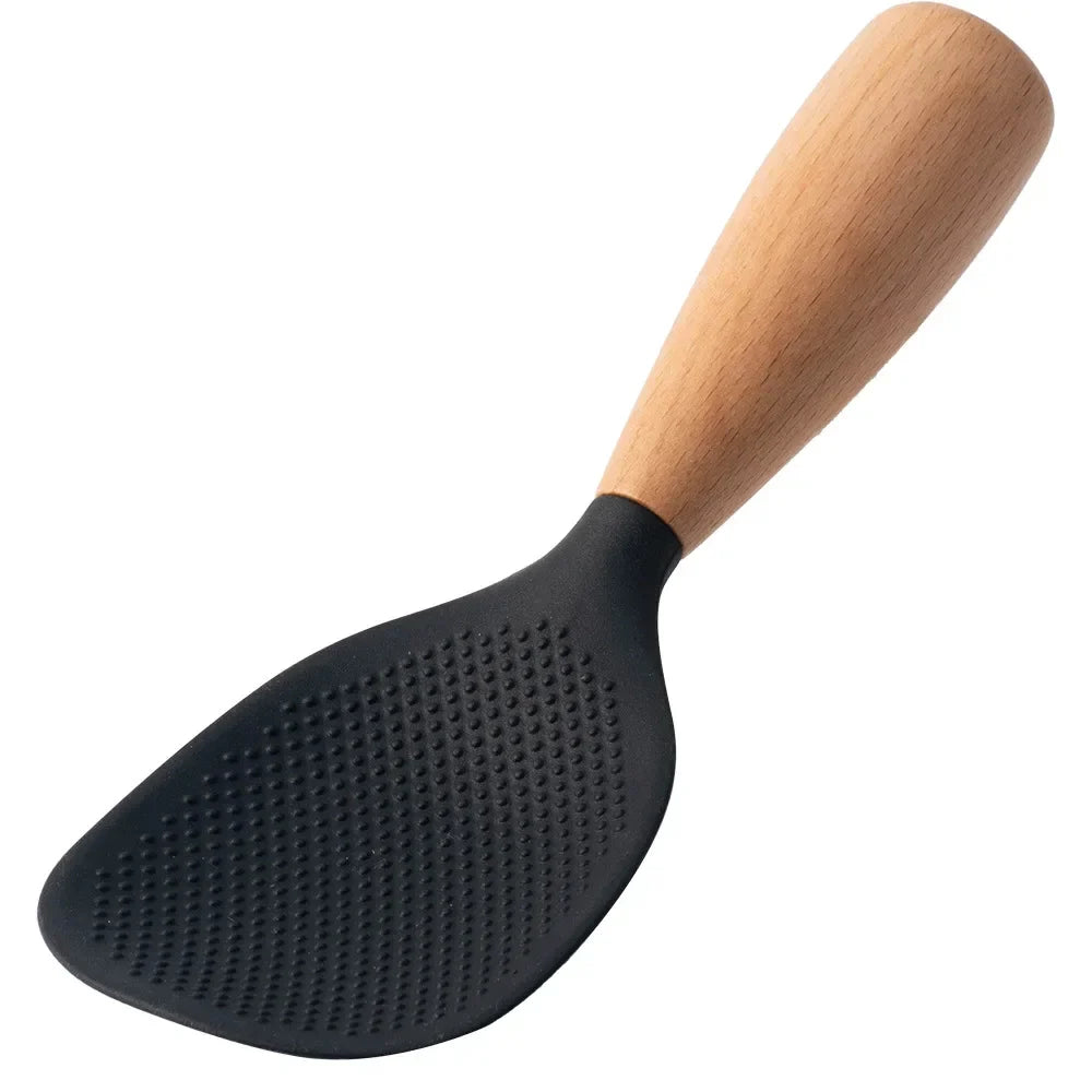 Silicone Wooden Handle Rice Spoon Black
