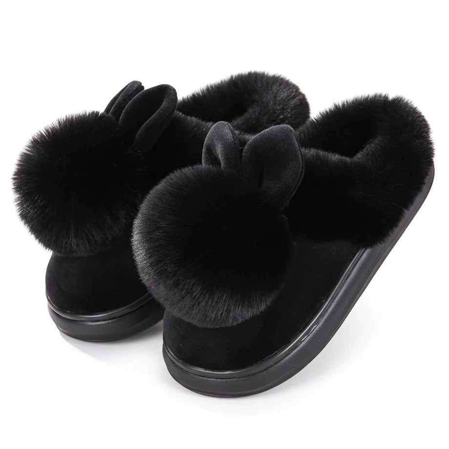 Bunny Plush Slippers - Women's Month Sale Black Open Heel