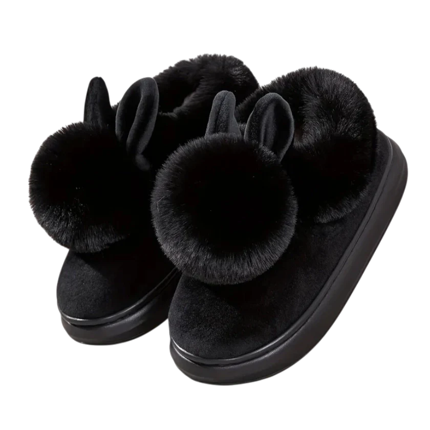 Bunny Plush Slippers - Women's Month Sale Black Closed Heel