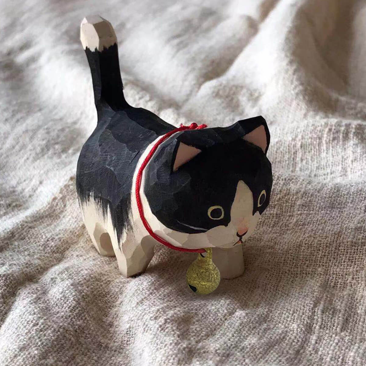 Hand-Carved Cat Figurines Tuxedo