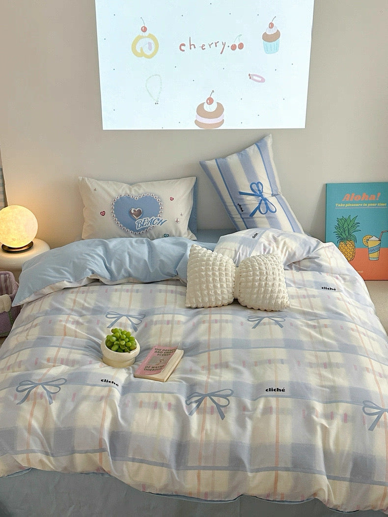 Blue Bow Cotton Bedding Set
