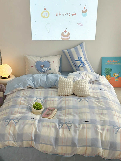 Blue Bow Cotton Bedding Set