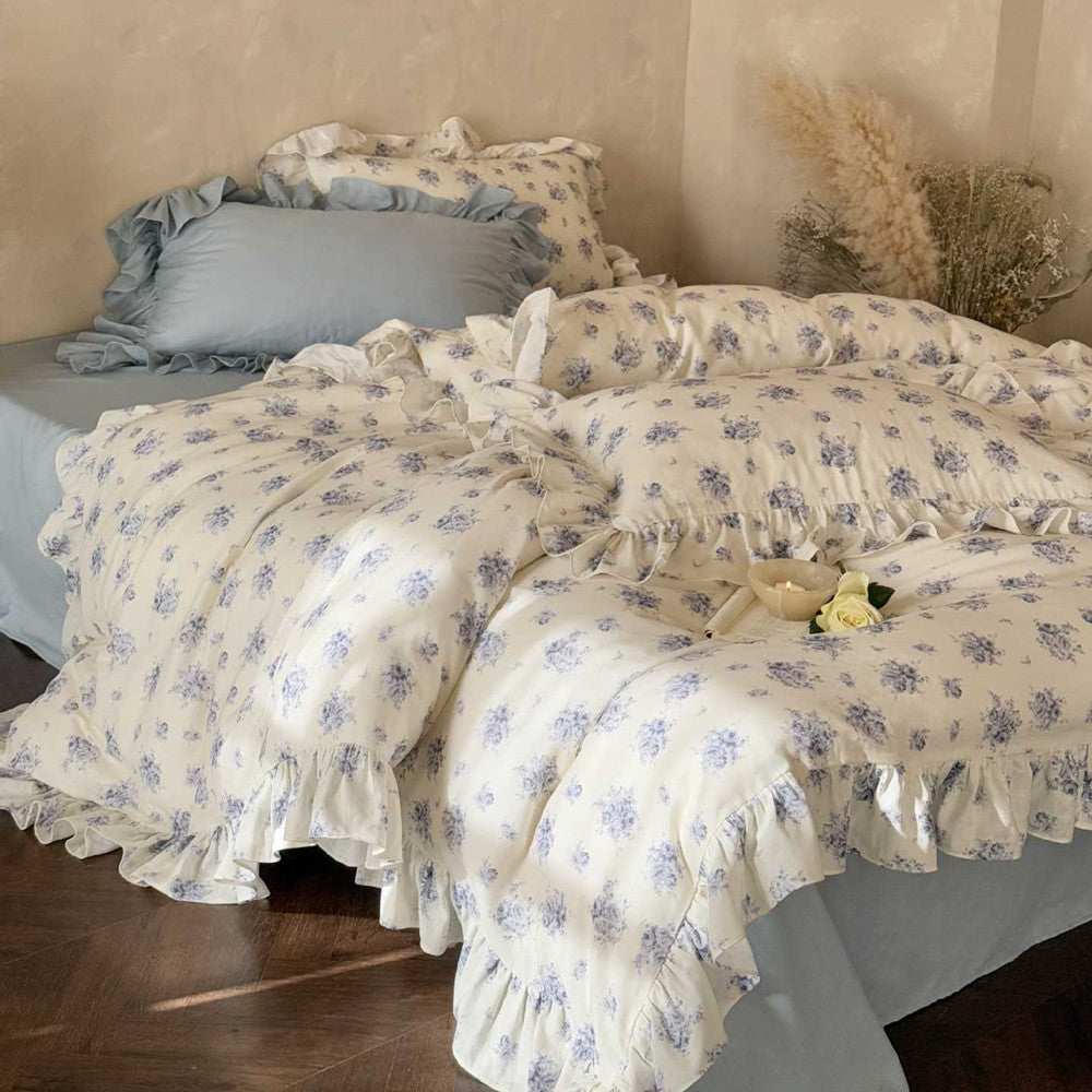 Dusty Blue Floral Bedding — Cotton Muslin Ruffle Trim Set
