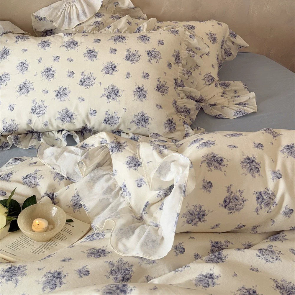 Dusty Blue Floral Bedding — Cotton Muslin Ruffle Trim Set