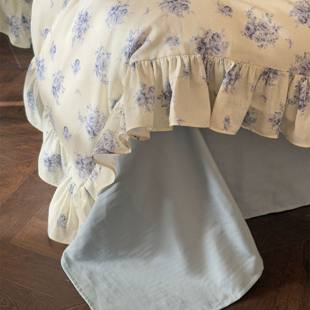 Dusty Blue Floral Bedding — Cotton Muslin Ruffle Trim Set
