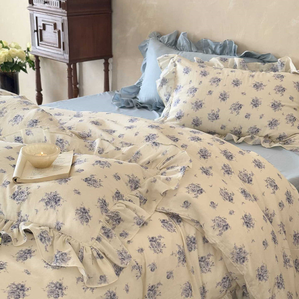 Dusty Blue Floral Bedding — Cotton Muslin Ruffle Trim Set