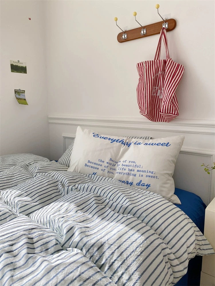 Minimalist Blue Striped Cotton Duvet Cover Set