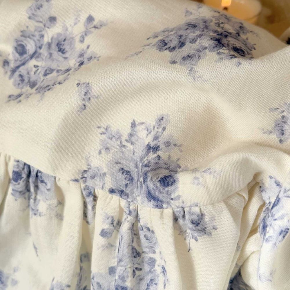 Dusty Blue Floral Bedding — Cotton Muslin Ruffle Trim Set