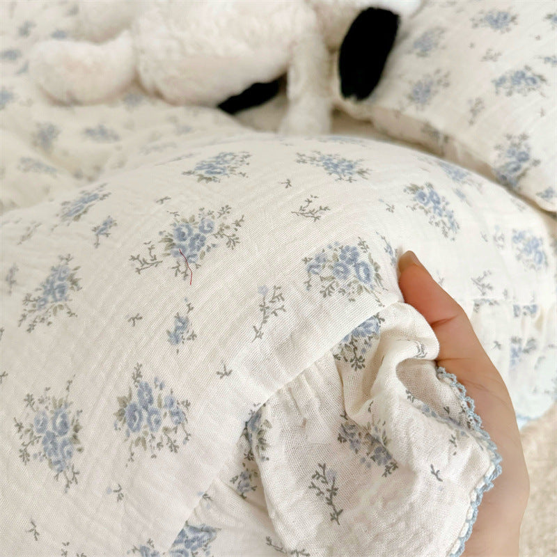 Cotton Gauze Duvet Cover Set – Blue Floral with Ruffles