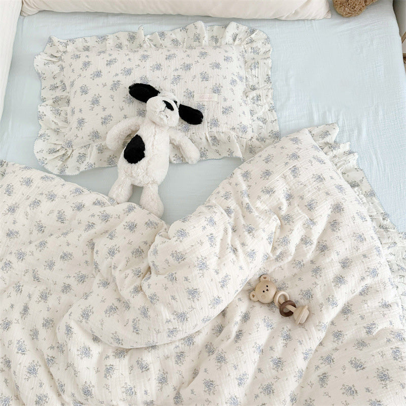 Cotton Gauze Duvet Cover Set – Blue Floral with Ruffles