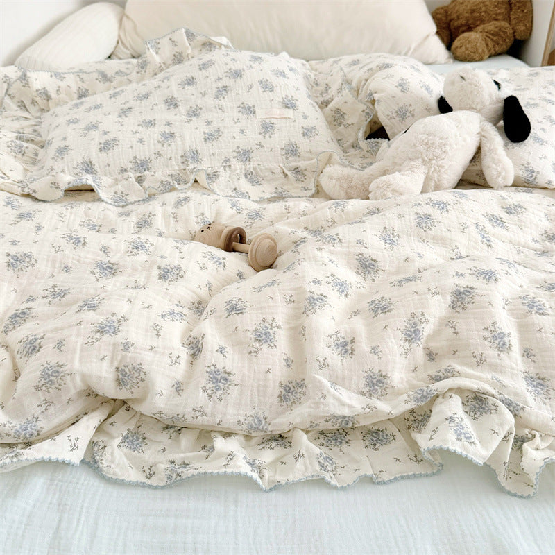 Cotton Gauze Duvet Cover Set – Blue Floral with Ruffles