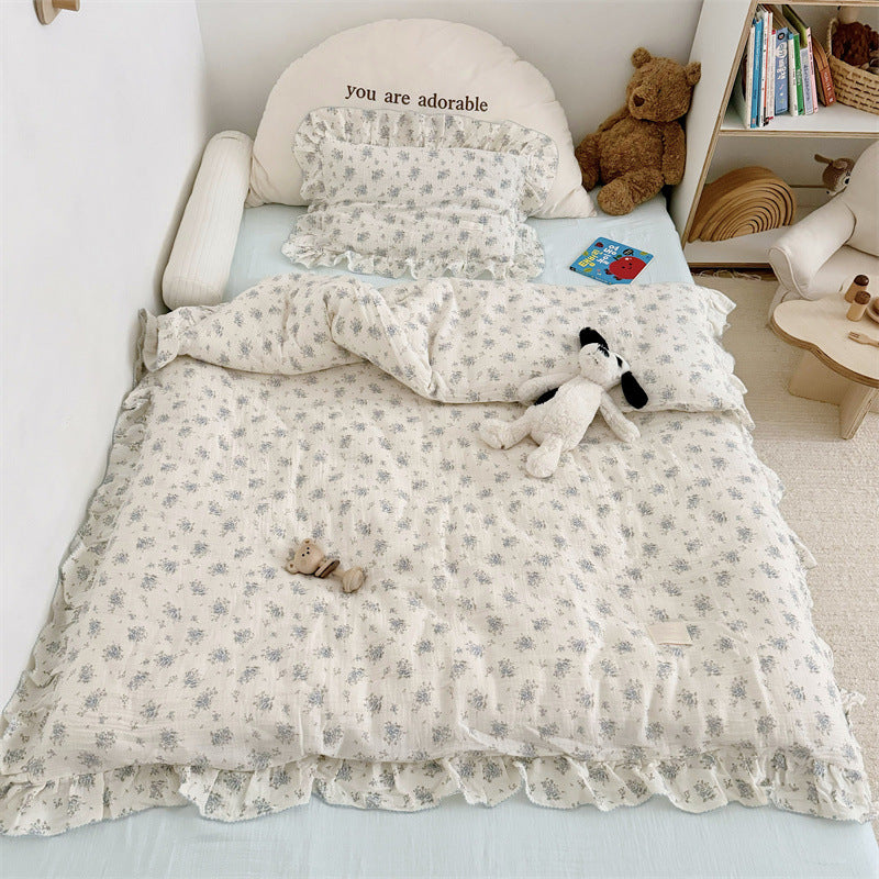Cotton Gauze Duvet Cover Set – Blue Floral with Ruffles