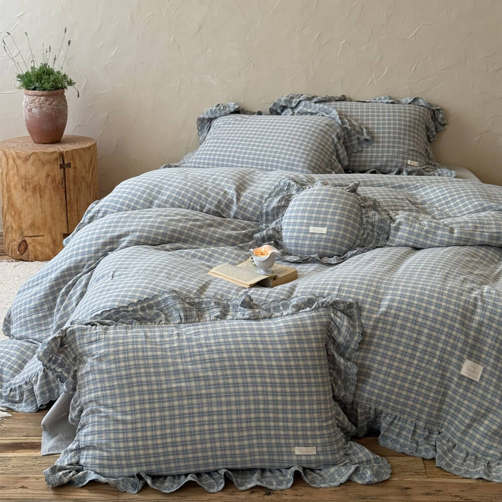 Dusty Blue Plaid Bedding Set – Cotton Muslin with Ruffle