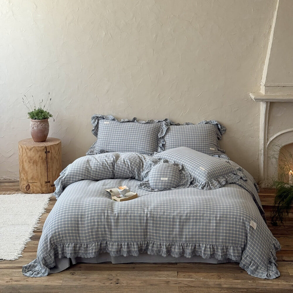 Dusty Blue Plaid Bedding Set – Cotton Muslin with Ruffle