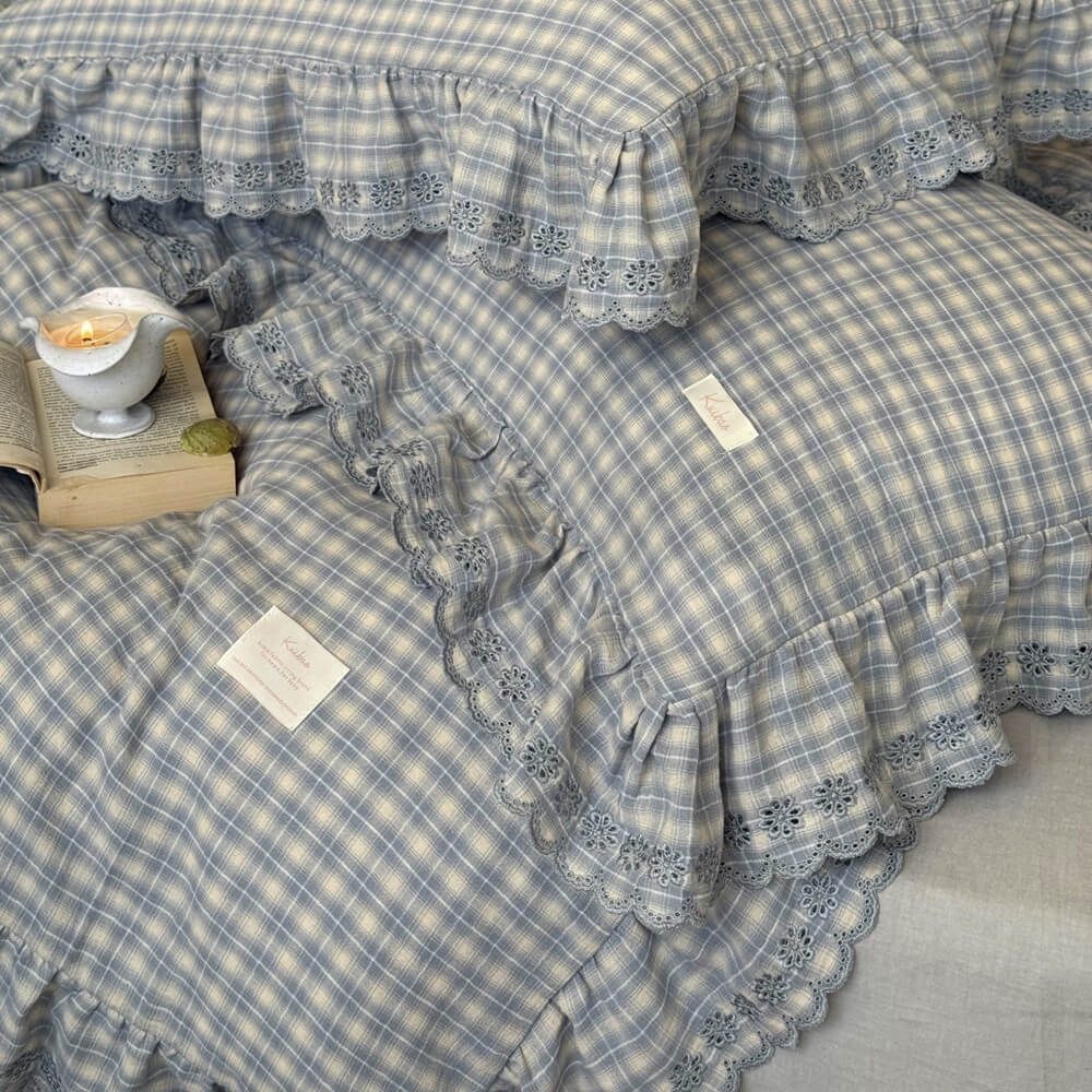 Dusty Blue Plaid Bedding Set – Cotton Muslin with Ruffle
