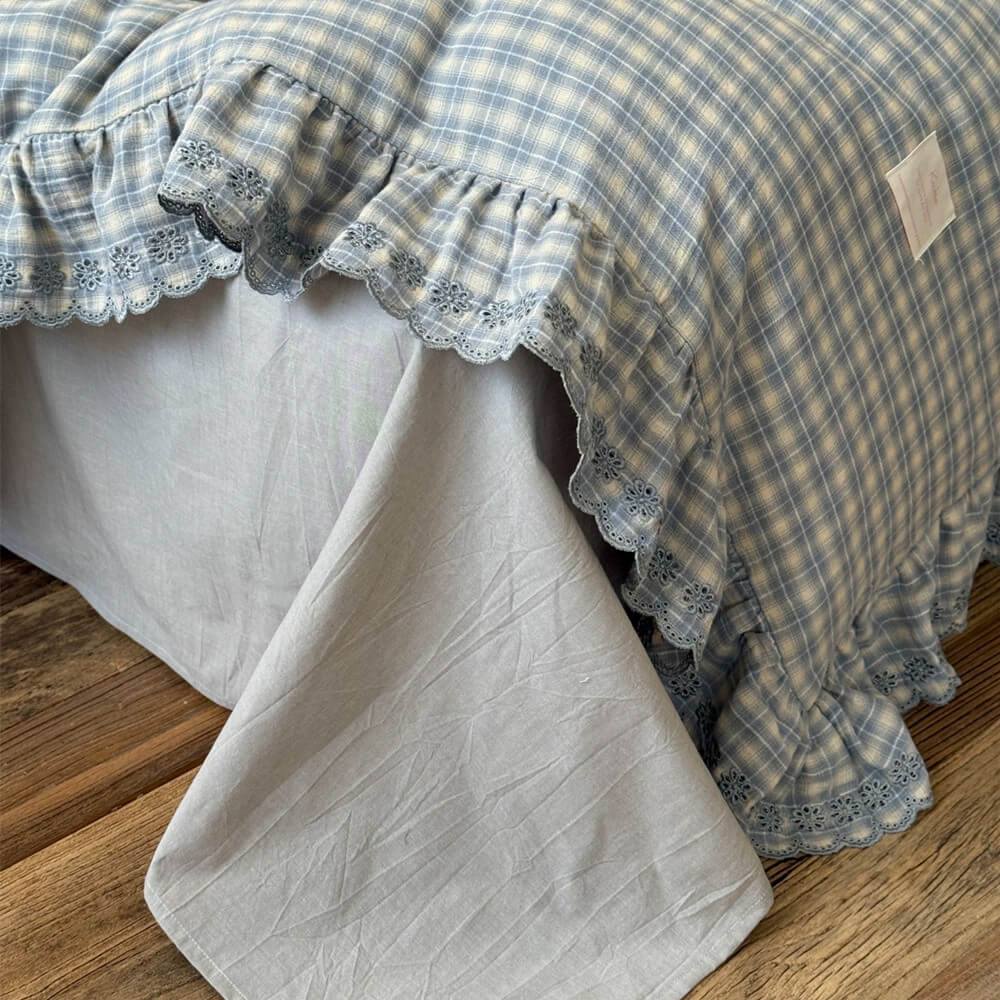 Dusty Blue Plaid Bedding Set – Cotton Muslin with Ruffle