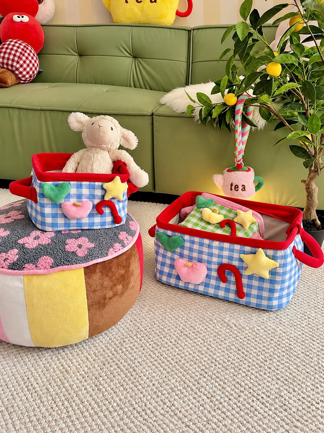 Plush Gingham Storage Basket