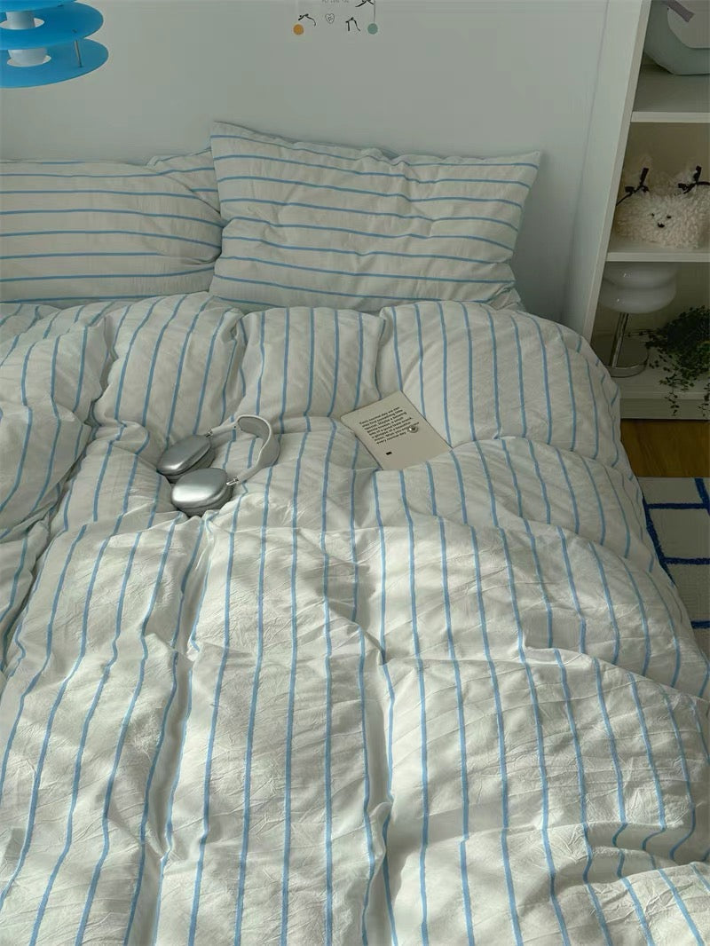 Clean Girl Aesthetic Pink Striped Bedding Set Blue
