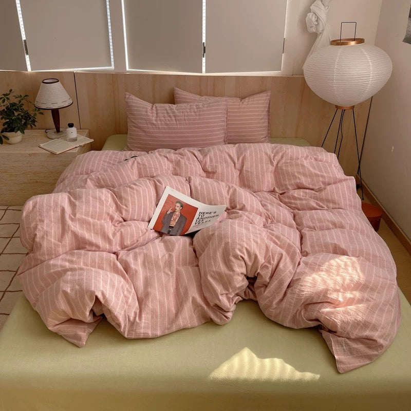 Pastel Pink Striped Cotton Duvet Cover Set