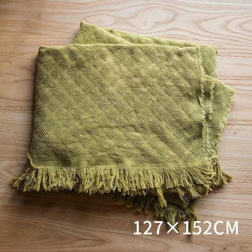 Bohemian Solid Color Cotton Tassel Knit Blanket Grass Yellow