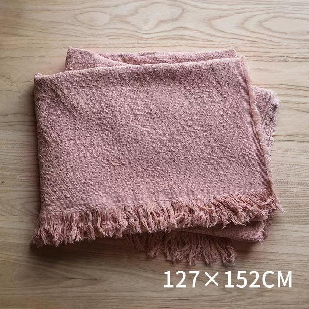 Bohemian Solid Color Cotton Tassel Knit Blanket Pink
