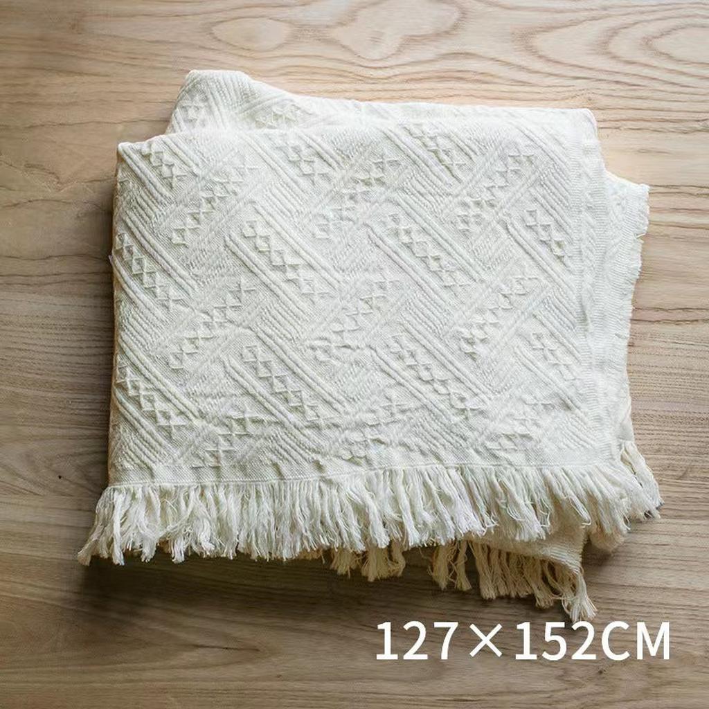 Bohemian Solid Color Cotton Tassel Knit Blanket White