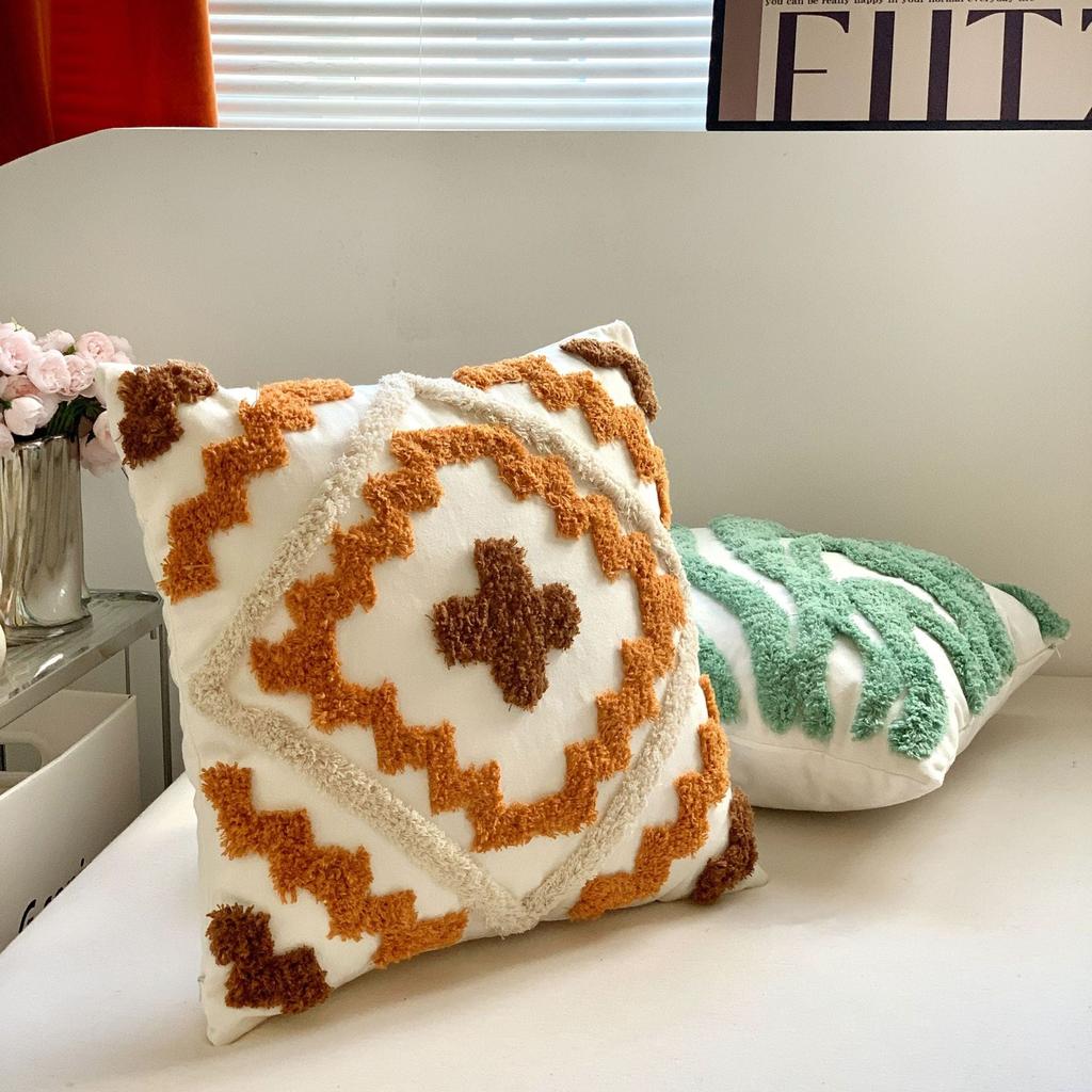 Bohemian Tufted Cotton Canvas Thick Yarn Sofa Cushion Brown Cross With Insertion