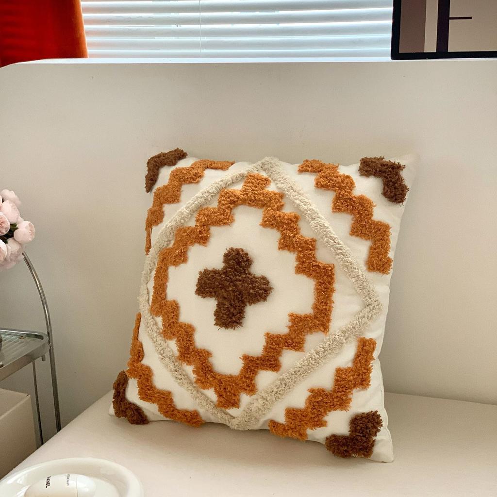 Bohemian Tufted Cotton Canvas Thick Yarn Sofa Cushion Brown Cross Without Insertion