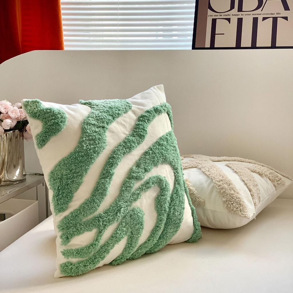 Bohemian Tufted Cotton Canvas Thick Yarn Sofa Cushion Green Abstract