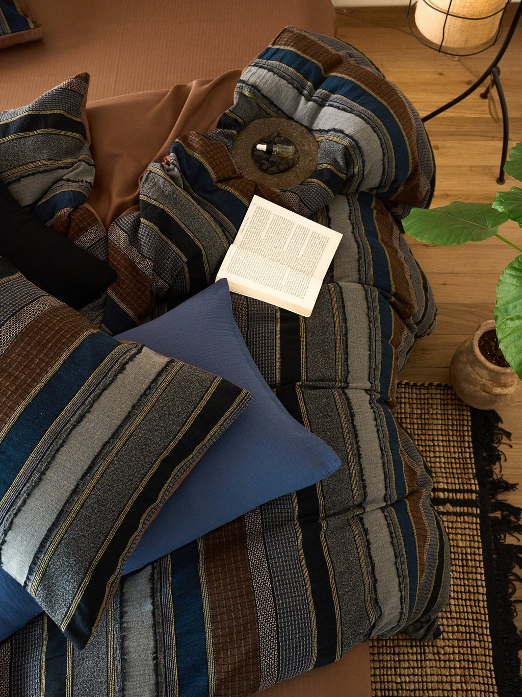 Boho Stripe Cotton Clip-Jacquard Duvet Cover - Blue