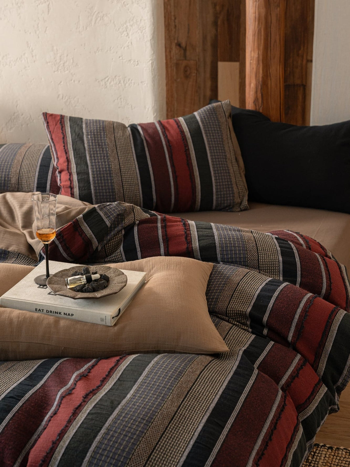 Boho Stripe Cotton Clip-Jacquard Duvet Cover - Burgundy Red