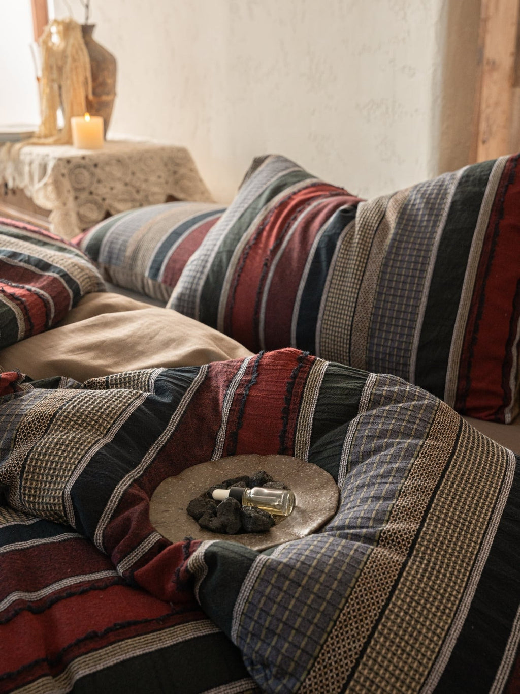 Boho Stripe Cotton Clip-Jacquard Duvet Cover - Burgundy Red