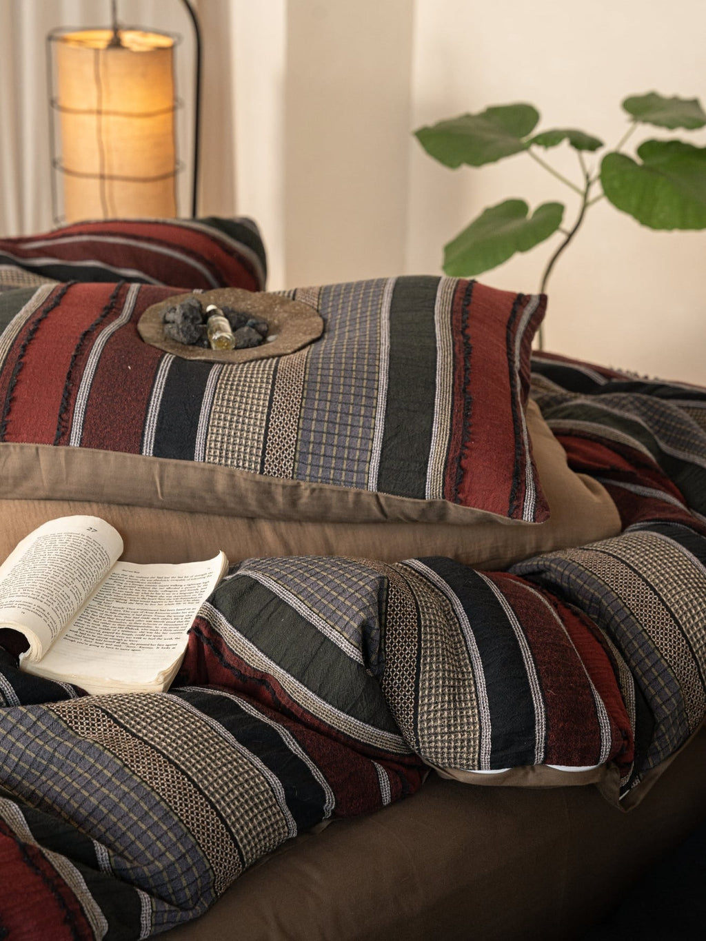 Boho Stripe Cotton Clip-Jacquard Duvet Cover - Burgundy Red
